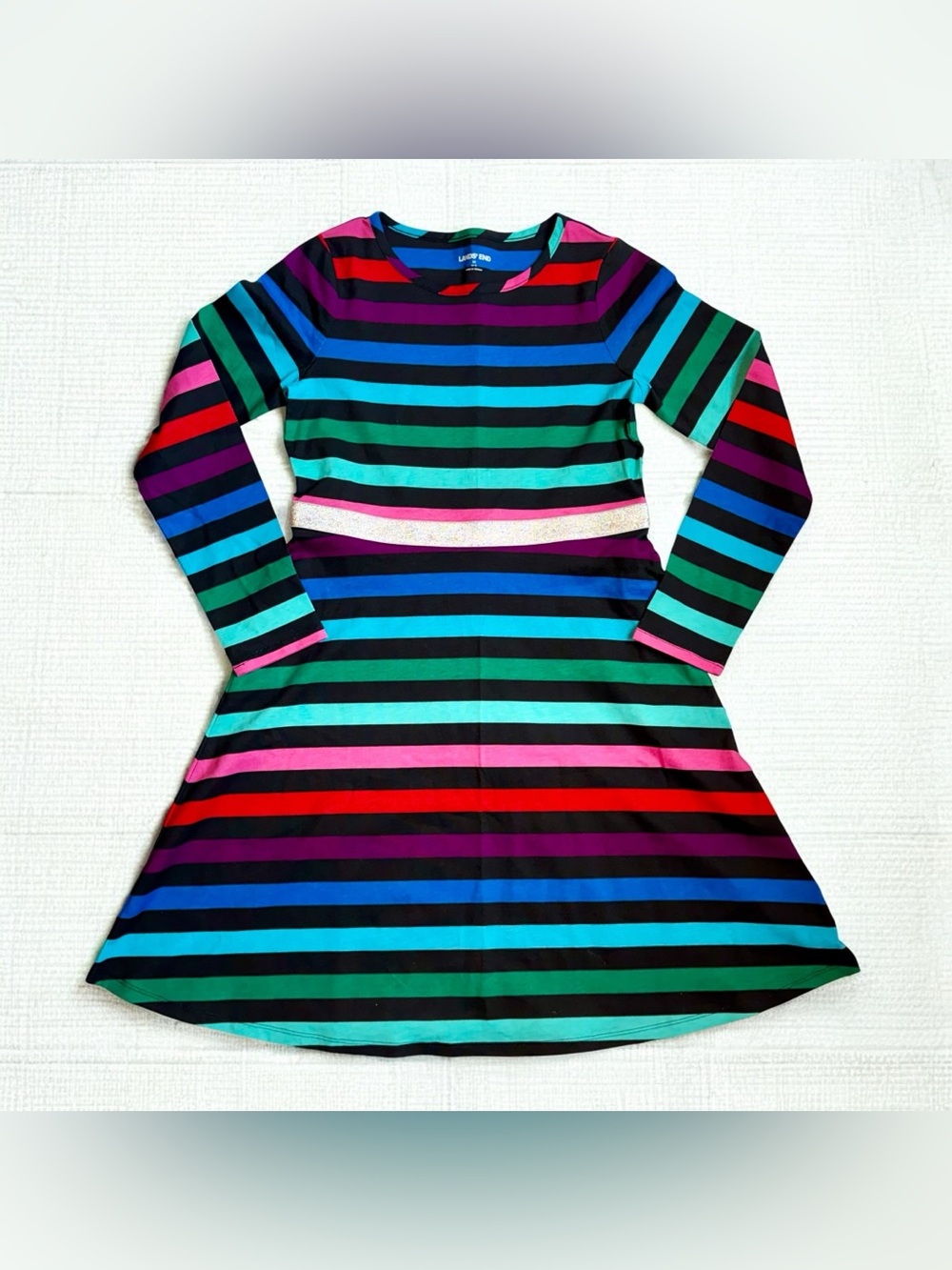 Lands End Girls Cotton Dress Size 10 12 Striped Long Sleeve Casual Dress NEW